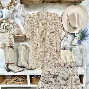 Artisan Crochet set boho lace set skirt/cardi shabby chic prairie Country vibel